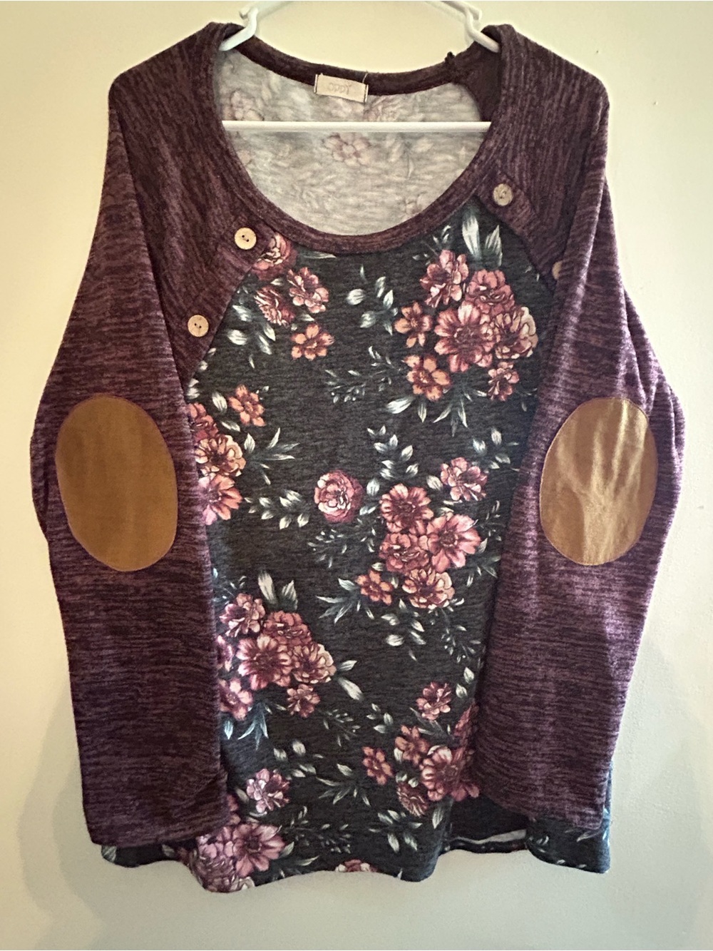 ODDY Purple Floral Raglan Sweatshirt with Tan Elbow Patches